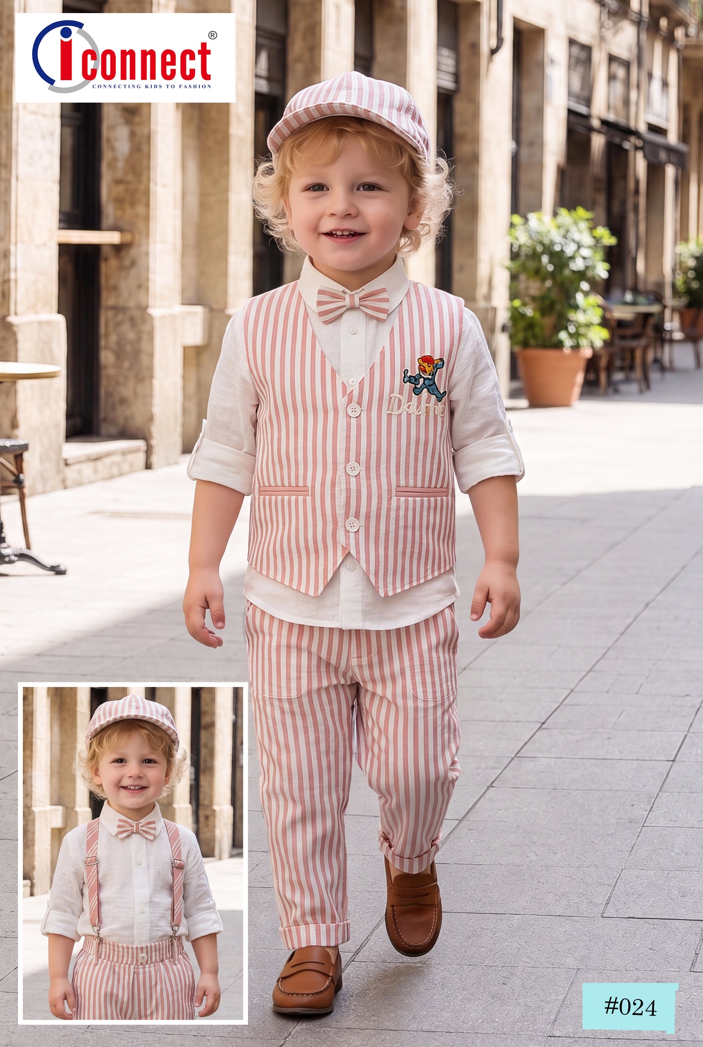 Boys Stripes Pink Color Waist Coat Set