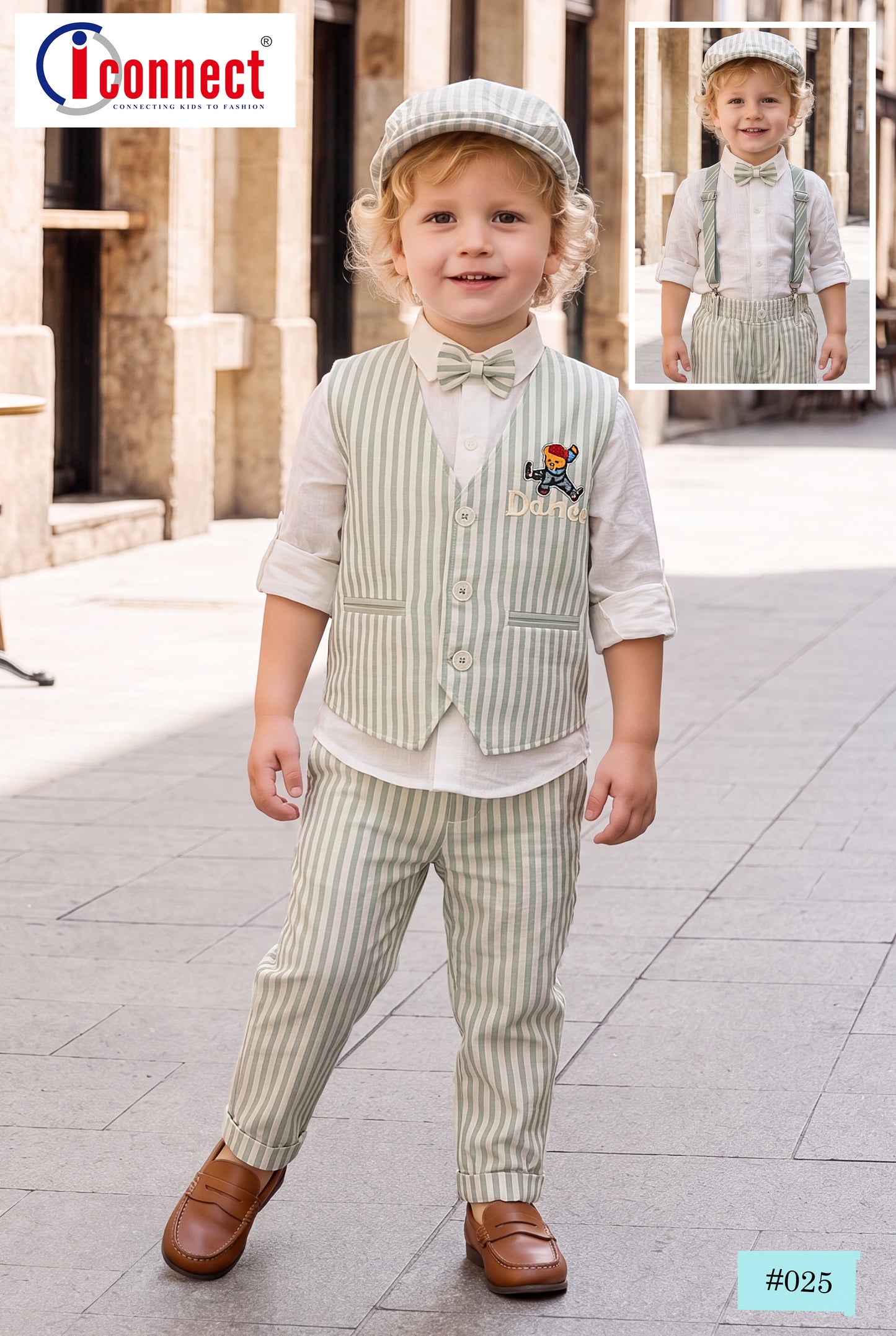 Boys Stripes Green Color Waist Coat Set