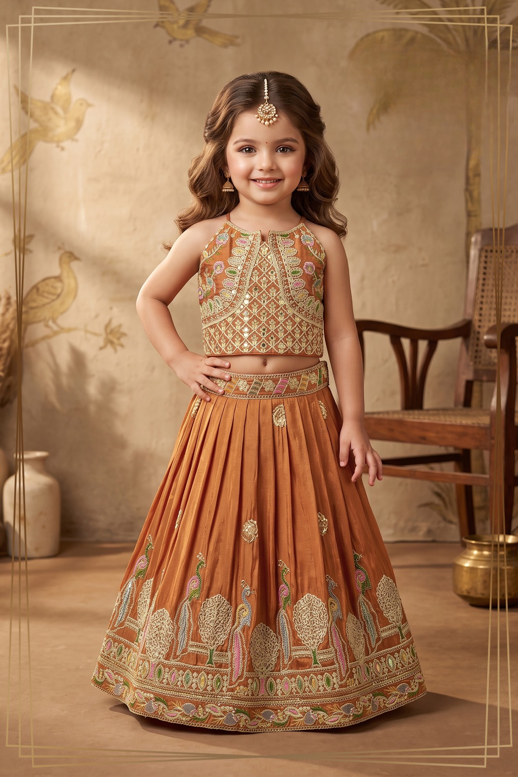 Girls Orange Color Ethnic Silk Choli Set