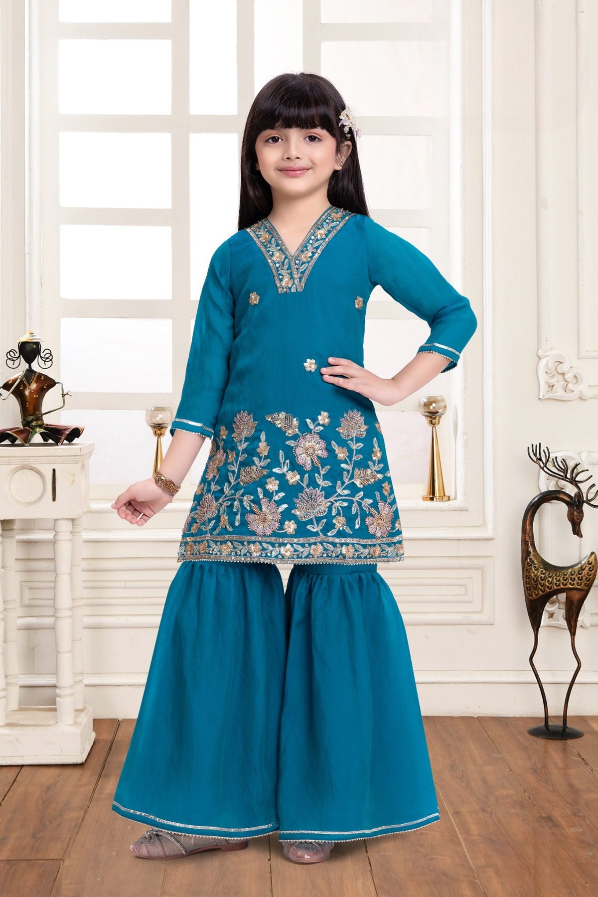 Girls Floral Embroidered Sharara Set