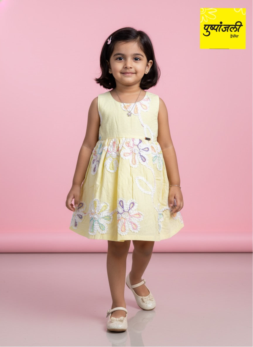 Girls Casual Lemon Color Floral Patch Work Frock