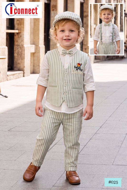 Boys Stripes Green Color Waist Coat Set
