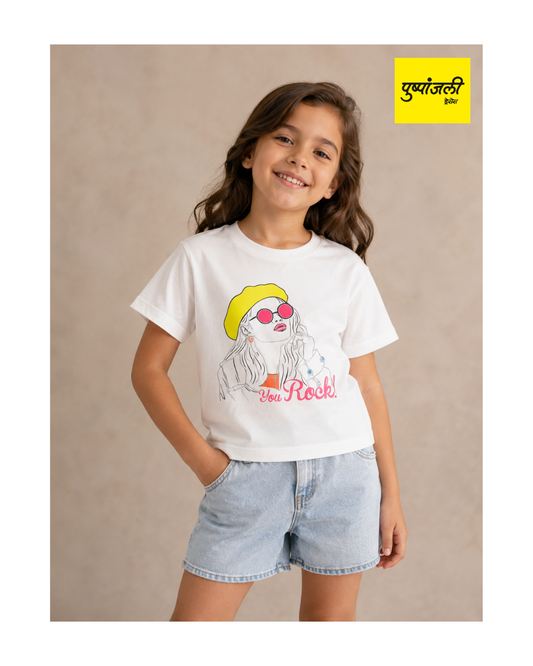 Girls You Rock Printed White Top
