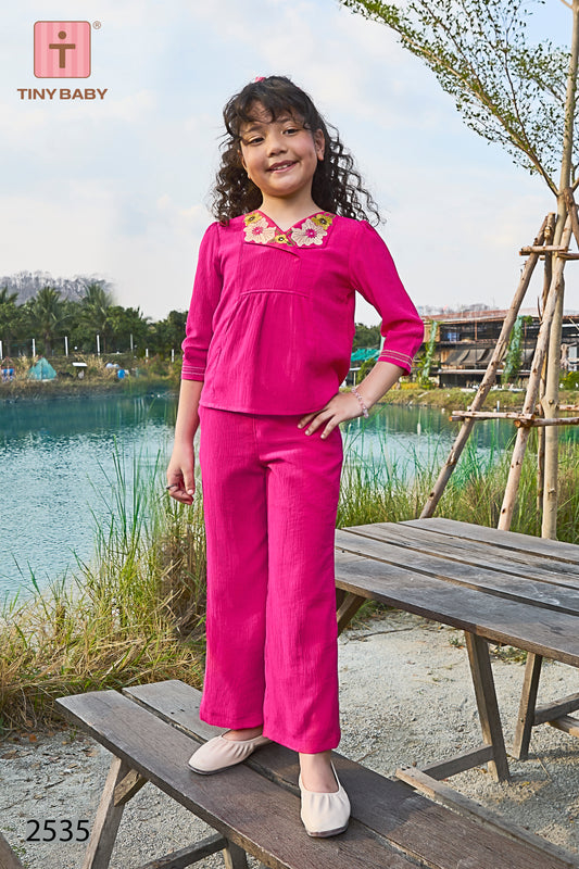 Girls Pink Co-ord Set with Neck Embroidery