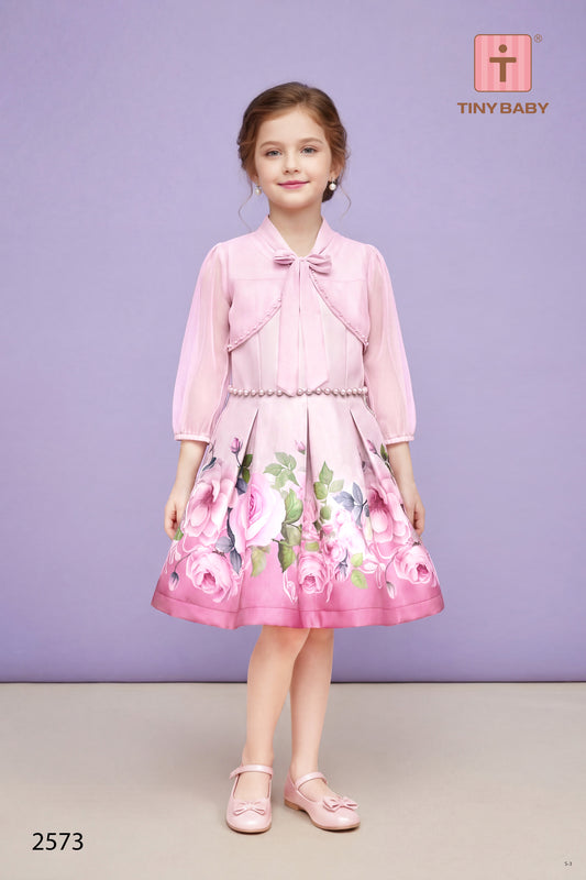 Girls Pink Color Tissue Fabric Printed Frock