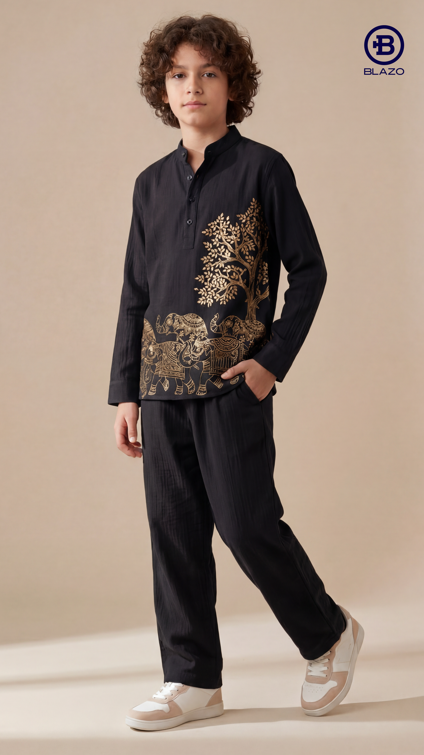 Boys Golden Emboss Printed Short Kurta Shirt
