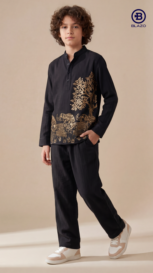 Boys Golden Emboss Printed Short Kurta Shirt