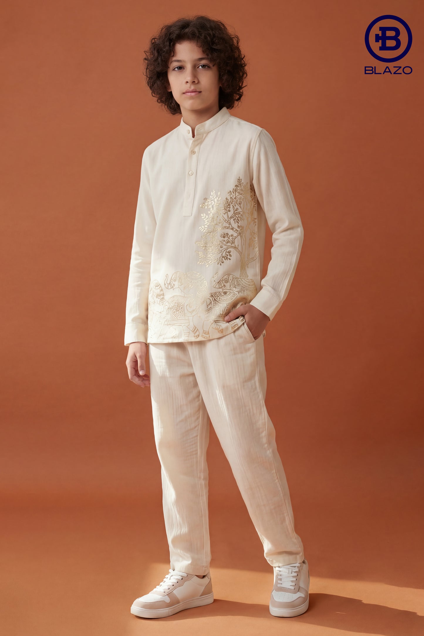 Boys Golden Emboss Printed Short Kurta Shirt