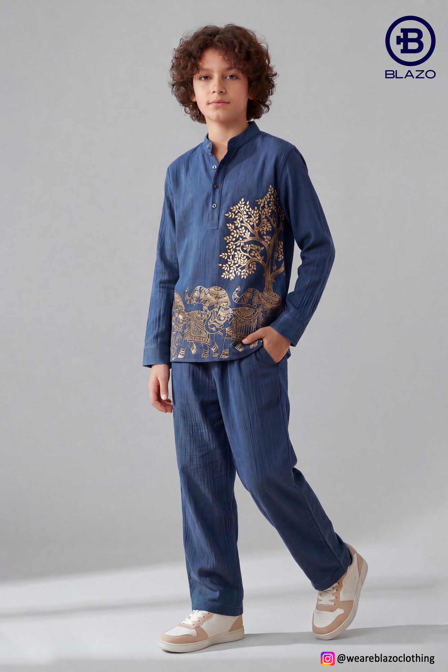 Boys Golden Emboss Printed Short Kurta Shirt