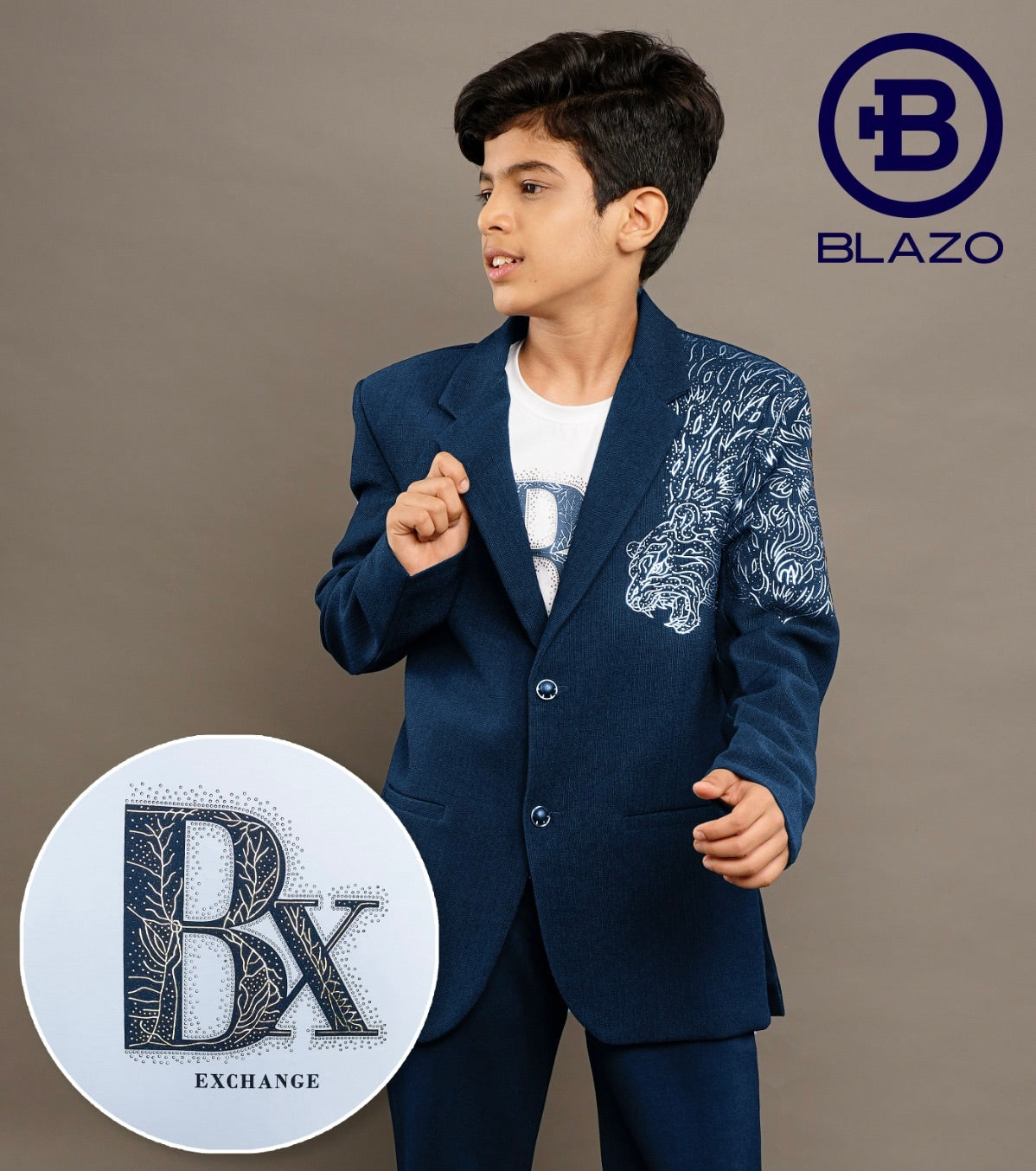 Boys Party Wear Blazer with Embossed Tiger Print (Jacket + T.Shirt)