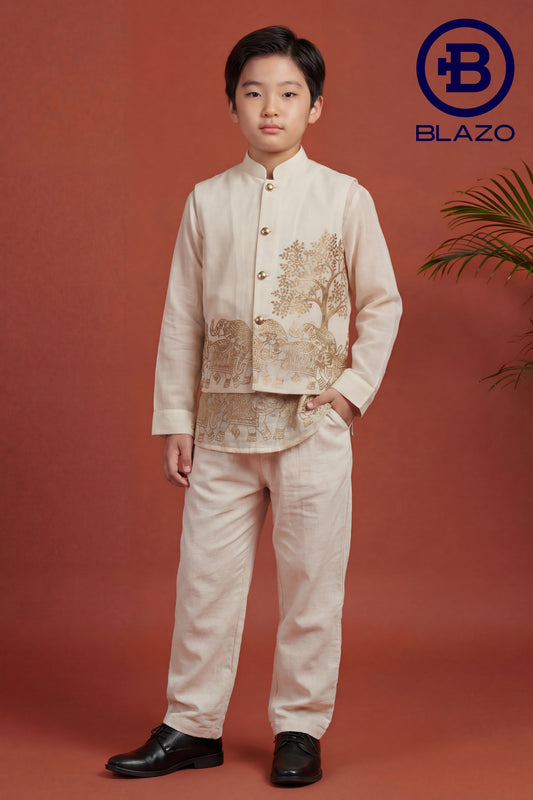 Boys Muslin Golden Emboss Print Waist Coat Set (Short Kurta + Waist Coat)