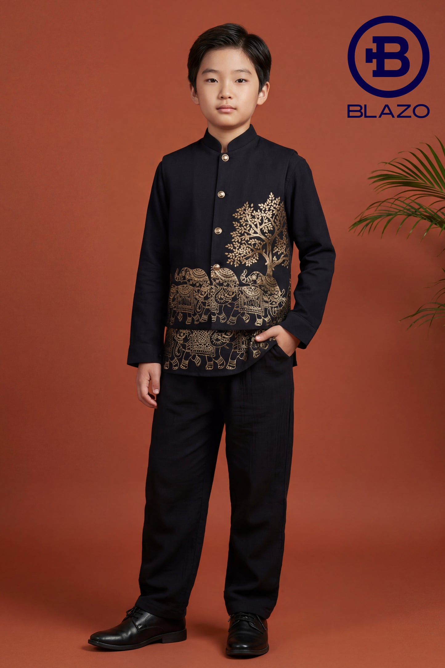Boys Natural Color Muslin Golden Emboss Print Waist Coat Set (Short Kurta + Waist Coat)
