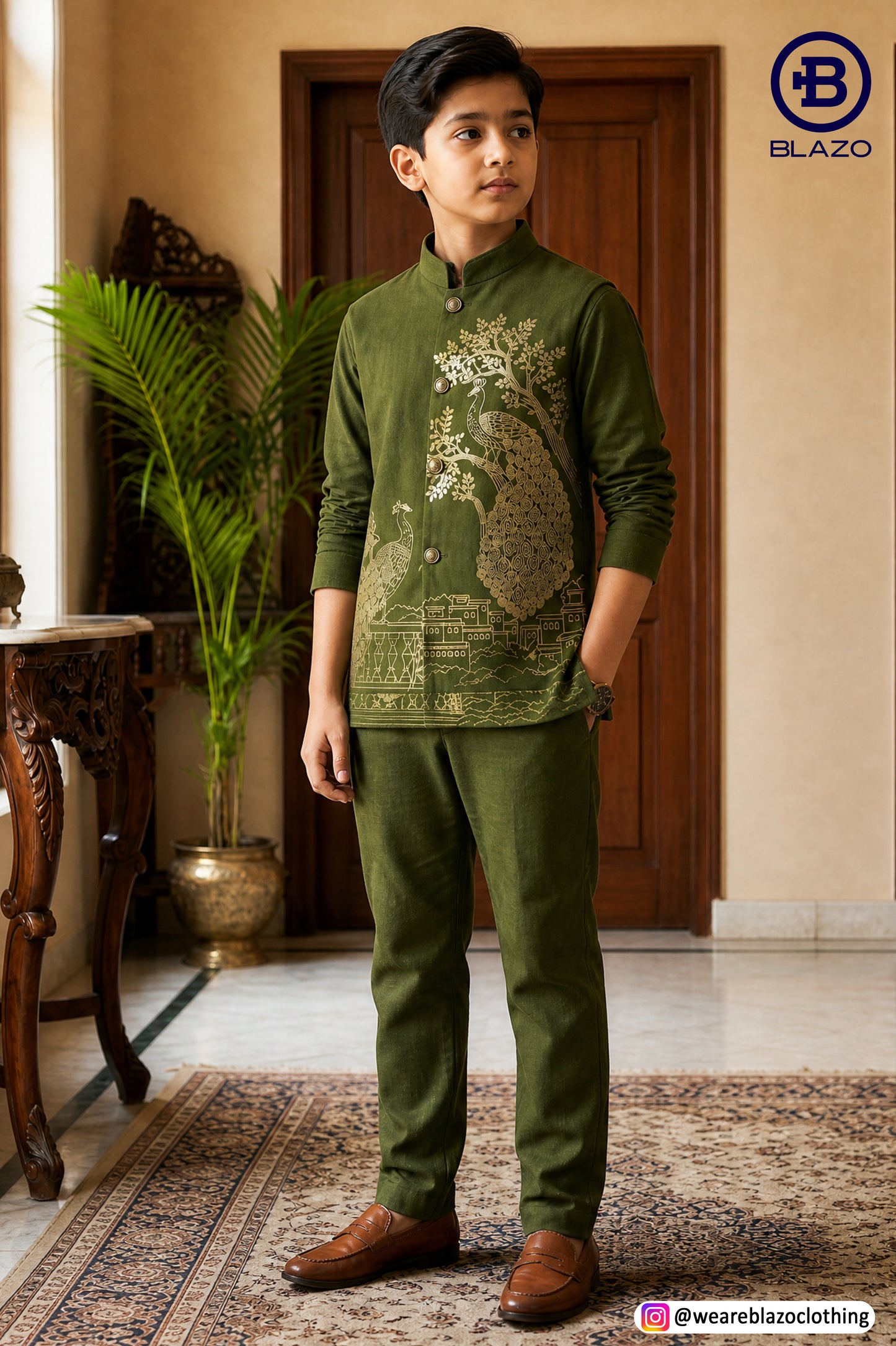 Boys Muslin Golden Emboss Peacock Print Waist Coat Set (Short Kurta + Waist Coat)
