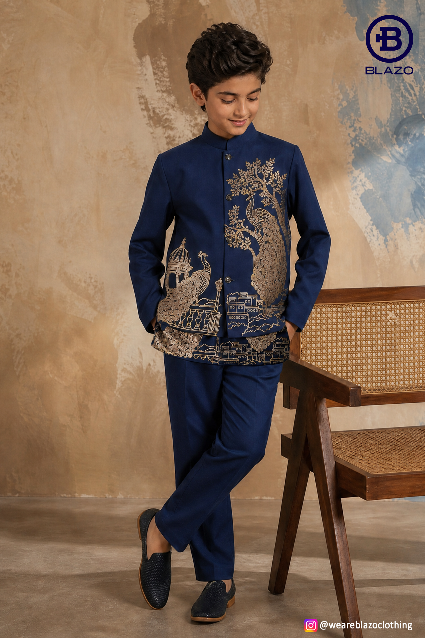 Boys Muslin Golden Emboss Peacock Print Waist Coat Set (Short Kurta + Waist Coat)